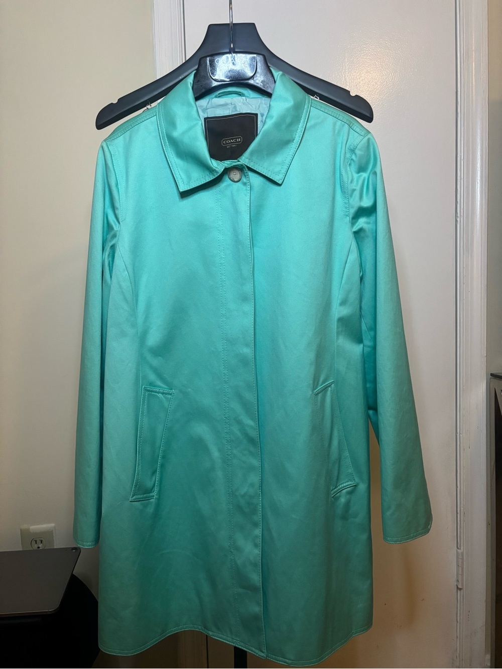 Coach Teal 100% Cotton Single Breasted Walking Coat Size L + Coach Hanger